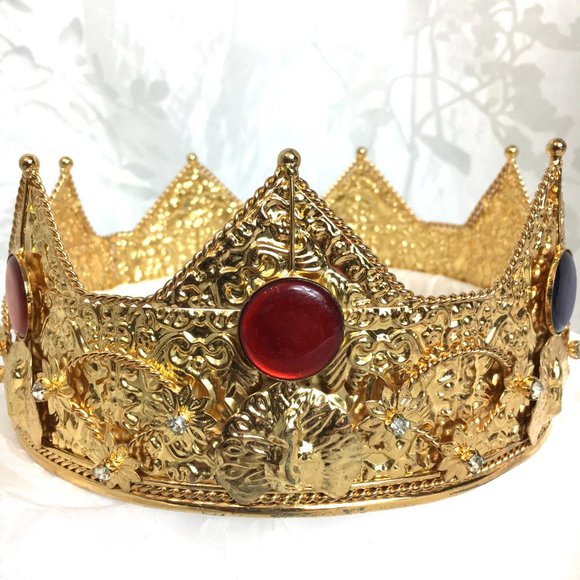 King Queen Gold Crown Rhinestones Faux Jewels on Gold Metal Band NWOT main image 6
